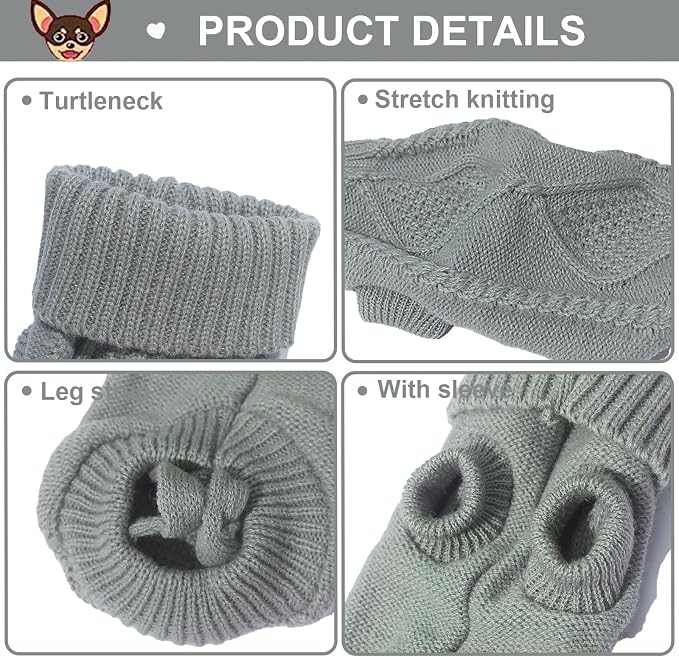 2 Pack Turtleneck Puppy Sweaters Warm Knitted Dog Sweaters for Small Dogs Girl Boy Teacup and Cats Pet Clothes Doggie Apparel Outfits, Grey White, XXS(0.9~2.4lbs)
