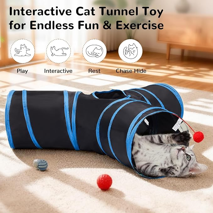 Tempcore Cat Tunnel, 3-Way Collapsible Toy for Indoor Cats, Royal Blue
