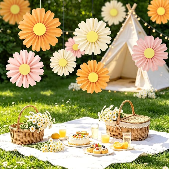 SUNBEAUTY 10 Pcs Daisy Paper Flowers Decorations Pink and Orange Flower Party Decorations Paper Fans Decor Hanging Paper Fans for Birthday Wedding Baby Shower Spring Garden Party Bulletin Board