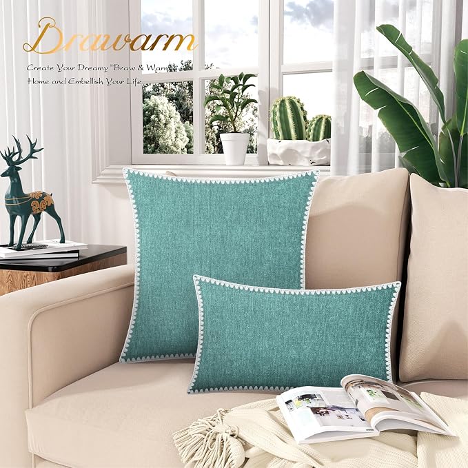 BRAWARM Chenille Throw Pillow Covers 22x22 Inches, Teal, 2 Pack | Decorative Pillow Covers with Shell Edge, Soft Cushion Cases for Sofa Bed Living Room Home Farmhouse (No Insert)