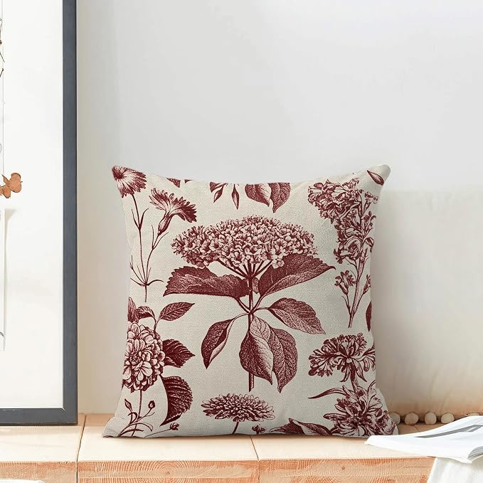 Floral Pillow Covers 24x24 Set of 2 Vintage Burgundy Red Hydrangea Herb Botanical Throw Pillow Cover Outdoor Decoration Boho Flower Pillowcase Farmhouse Decorative Cushion Case for Home Sofa