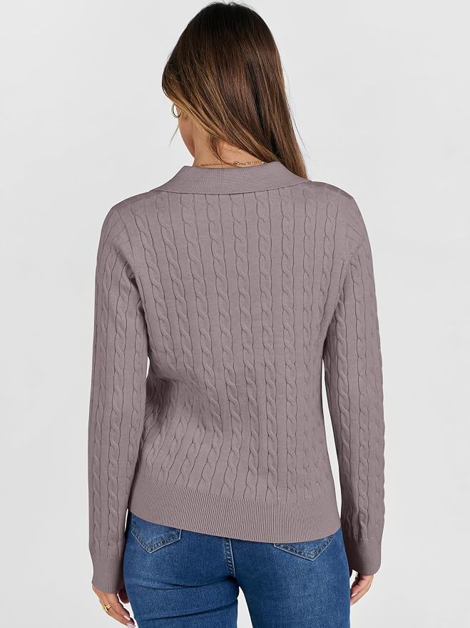 ANRABESS Womens Cable Knit Sweaters Long Sleeve V Neck | Pullover Collared Sweater Tops, Polo Knit Shirts, Business Casual Work, Tennis Golf, Fall Winter Fashion Outfits