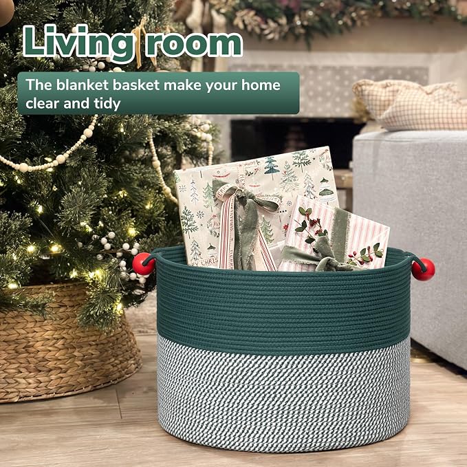 Goodpick Large Storage Basket 22" x 14", Woven Baby Storage for Blanket Living Room, Laundry Organizer for Clothes, Toys, Christmas Basket for Gifts, Green