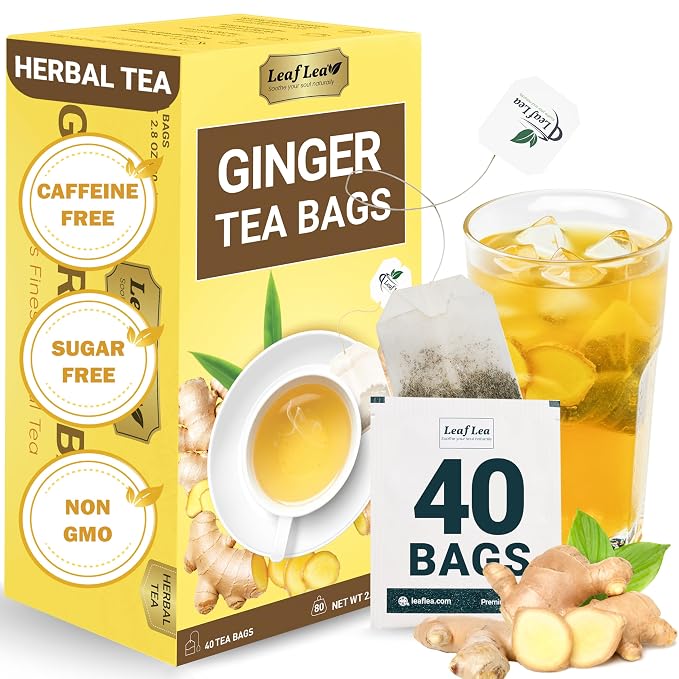 LeafLea Ginger Tea Bags, Pure Ginger Root Herbal Tea, 40 Count | Strong & Spicy Single-Ingredient Brew, Individually Foil-Wrapped For Freshness, Caffeine-Free, Sugar-Free, Vegan