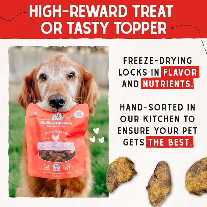 Stella & Chewy's Freeze-Dried Raw Chicken Heart Dog Treats - Single Ingredient, No Additives - Premium Training Treats - Perfect for Picky Eaters - 11oz Bag