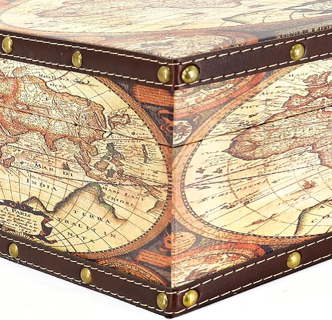 Jolitac Wooden Storage Box Set of 3, Antique-Looking Storage Containers with Secret Compartments Vintage Nesting Keepsake Chests for Jewelry, Cash, Photos Travel-Friendly & Stackable (Map)