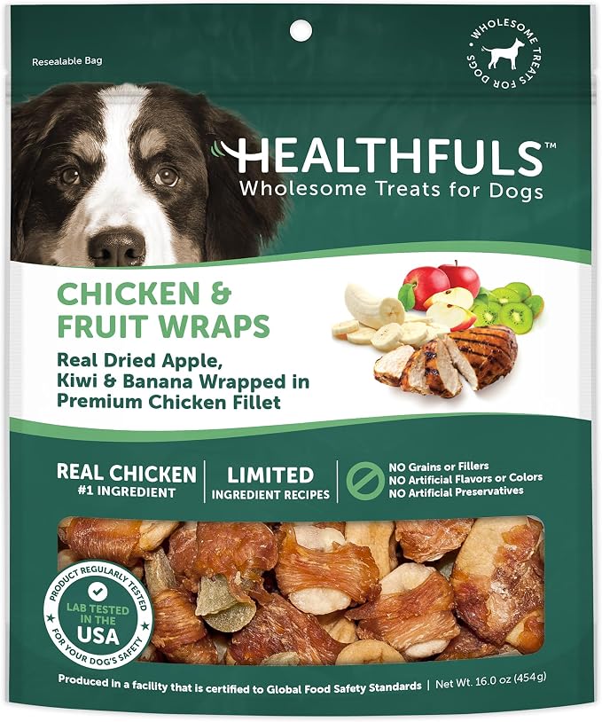 Healthfuls Chicken Wrapped Fruit Dog Treats, 16oz | Dried Apple, Kiwi, & Banana, Real Chicken Breast, Rich In Antioxidants, No Artificial Colors, Training Treat, For All Breeds