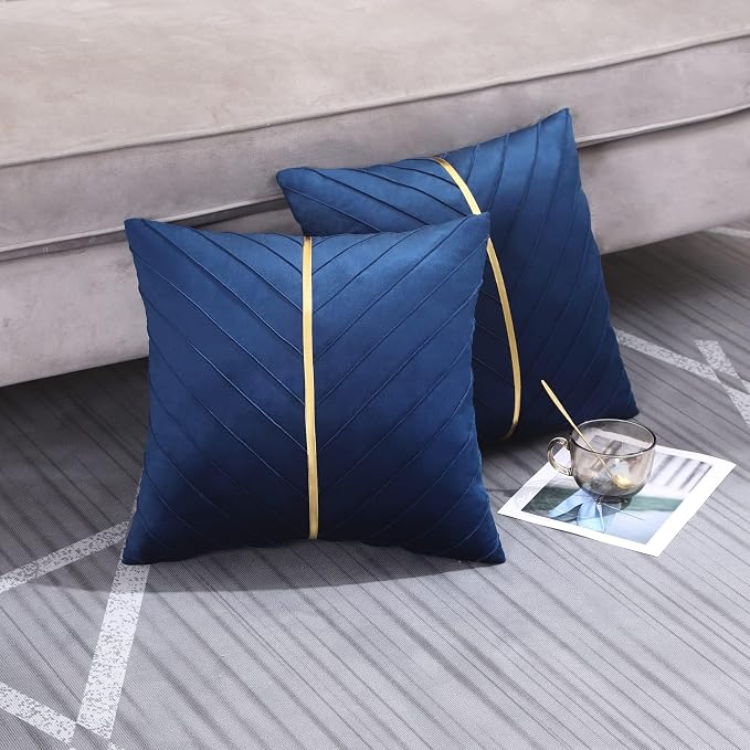 Velvet Throw Pillow Covers 22x22 Pack of 2 Gold Decor Navy Blue | Soft Solid Pillow Covers,Modern Luxury Home Decor,for Couch Chair Sofa Bedroom Livingroom,Hidden Zipper,Ideal Gift,Easy Care