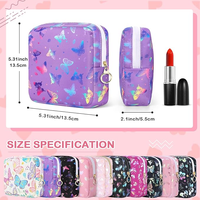 Likesing Period Bag Pouch, Canvas Sanitary Napkin Storage Bag for Girls Womens, Portable Sanitary Napkin Period Pad Pouch Bag for Purse, Small Make Up Bags(Purple Butterfly)