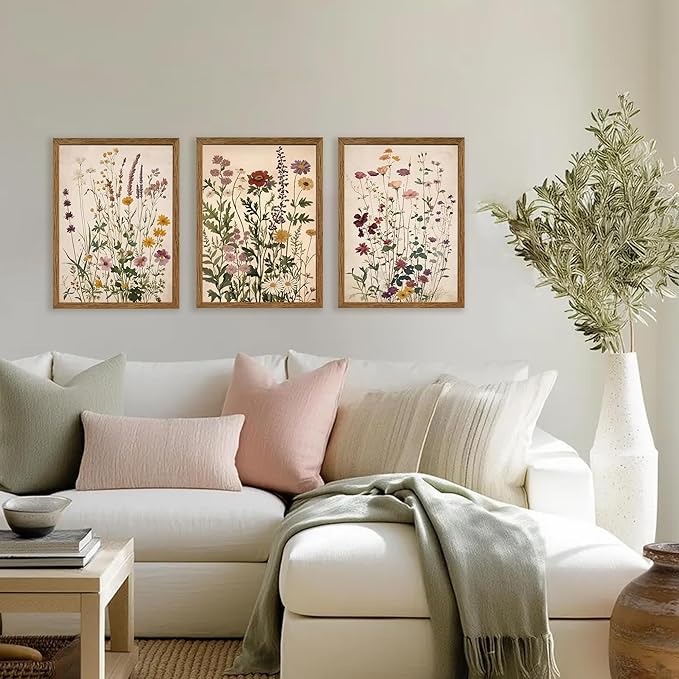 WRFON Botanical and Flower Canvas Wall Art, Framed Wildflower Wall Art Set of 3, Vintage Meadow Flower Canvas Prints, Cottagecore Floral Decor for Living Room Bedroom Bathroom Farmhouse Home, 12x16