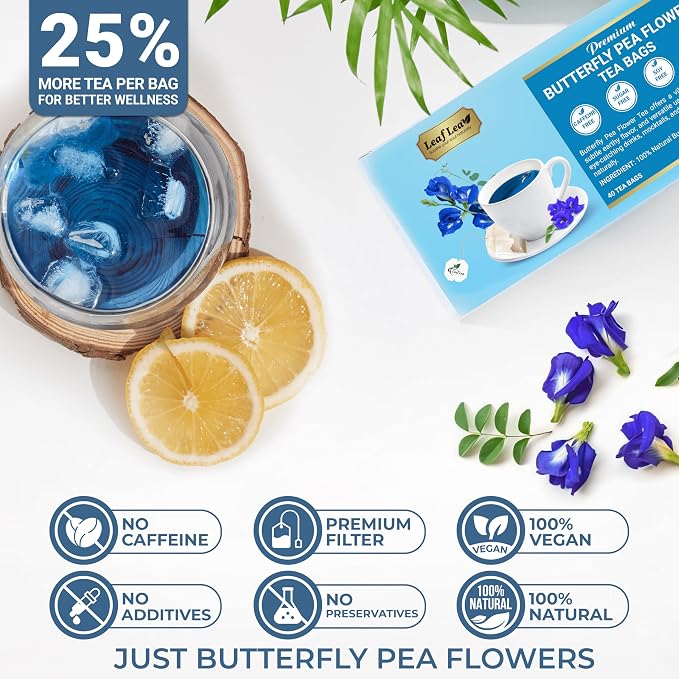 LeafLea 40 Butterfly Pea Flower Tea Bags, Herbal Flower Tea for Relaxation, Mocktails, and Natural Food Coloring, Caffeine-Free, Sugar-Free, Non-GMO