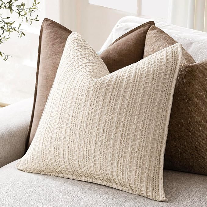 Foindtower Set of 2 Decorative Cotton Waffle Weave Throw Pillow Covers Euro Shams Cushion Covers Accent European Pillowcase for Bed Couch Sofa Bedroom Living Room Home Decor 20×20 Inch Natural Beige