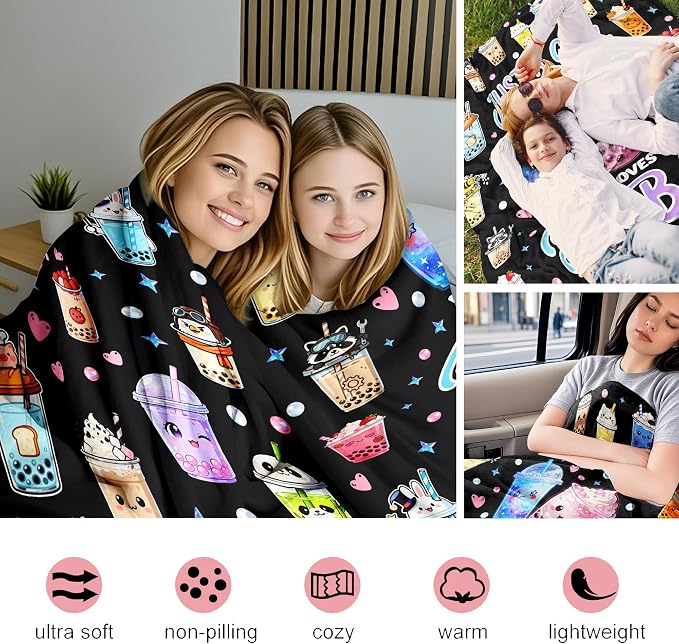 Bubble Tea Blanket Gifts for Boba Lovers Soft Flannel Boba Throw Blanket Bedding Decor for Girls Women Adults 50"x40"