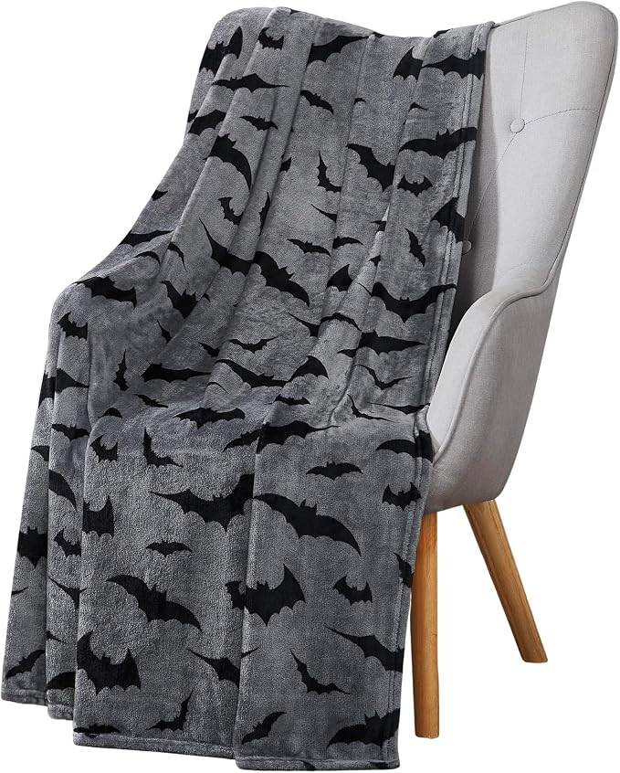 Halloween Fleece Throw Blanket, Black Bats on Gray, 50"x70" Oversized | Ultra-soft cozy flannel fleece, for sofa couch bed chair & dorms, spooky Halloween décor, durable and machine washable.