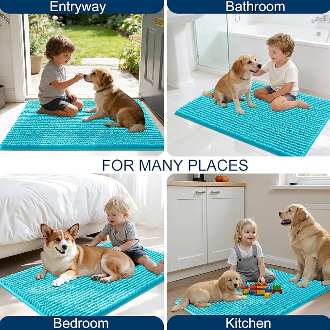 OLANLY Dog Door Mat for Muddy Paws 44x24, Extra Absorbent Chenille Mud Mat | Aqua Blue, Absorbs Moisture and Dirt, Non-Slip Machine Washable Doormat, Quick-Drying Indoor Entryway Floor Mat for Dogs
