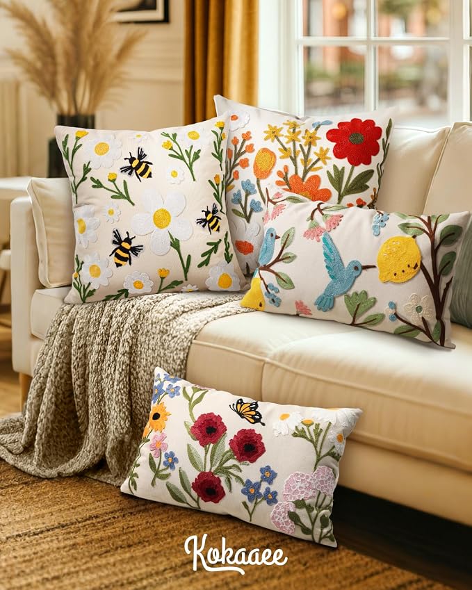Embroidered Throw Pillow Cover 20x20 Inch, Flower Bee | Decorative Pillow Cover, Floral Farmhouse Cushion Case with Hidden Zipper, Home Decor for Couch, Sofa, Living Room, Bedroom