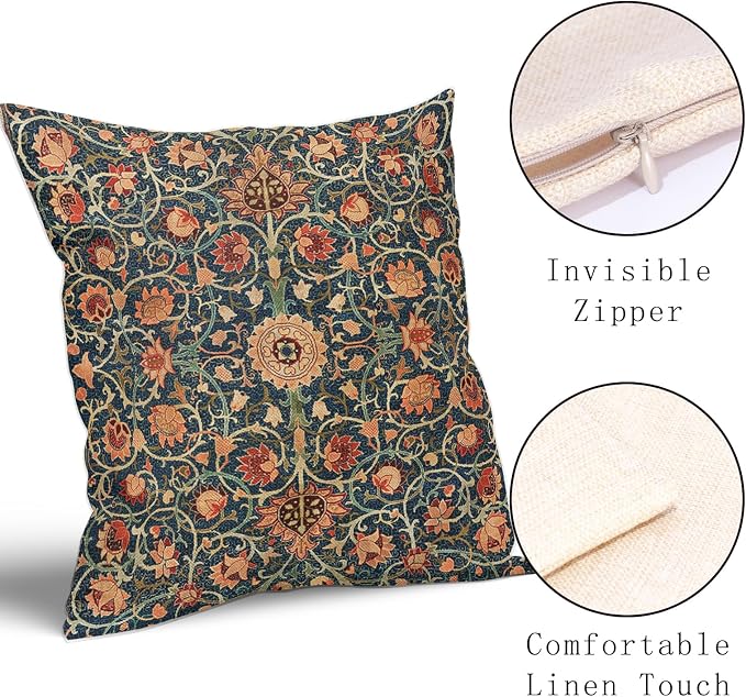 Vintage Floral Pillow Covers 18X18 Inch Set of 2 Burnt Orange Flowers Botanical Decorative Square Pillow Cases Navy Blue Art Cushion Case Farmhouse Home Decor for Sofa Couch Bedroom Outdoor