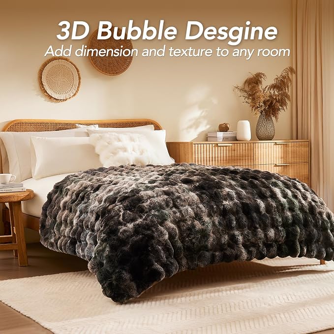 L'AGRATY Faux Rabbit Fur Throw Blanket for Couch, 50'' x 60'', Tie-Dye Gray | Soft Cozy Bubble Fluffy Blanket for Sofa Bed, Thick Warm Plush Fuzzy Throw for Room Home Decor, Luxury Gift for Women Mom