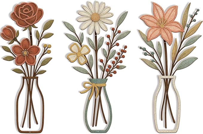 CarryWise 3 Piece Metal Flower Wall Art for Bedroom Living Room Rustic Farmhouse Floral Wall Decor for Bathroom Dining Room Boho Home Decorations Modern Minimalism Walls Hanging Sculptures