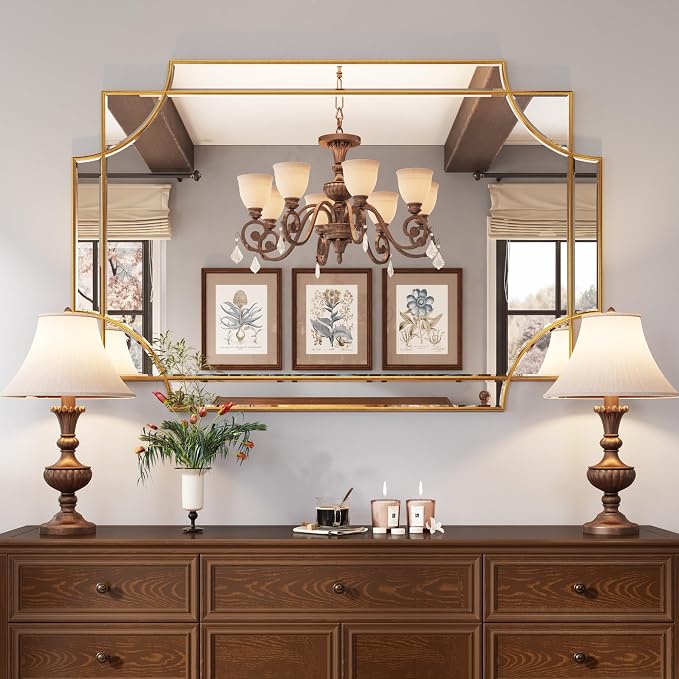 Kelly Miller 32"x48" Gold Foil Scalloped Edge Decorative Vanity Wall Mirror | Hand-Applied Gold Foil Finish. HD Mirror With French Cleat. Elegant Beveled Wall Mirror Decor For Bathroom Bedroom Entryway.