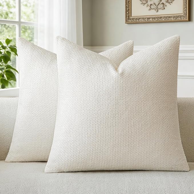 a moment Ivory Chenille Throw Pillow Covers 22x22 Inch Pack of 2 Modern Decorative Throw Pillow Covers Farmhouse Cross Covers Home Decor for Sofa Bedroom Living Room