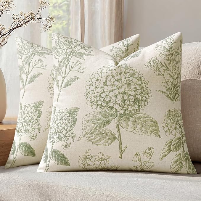 Set of 2 Decorative Floral Pillow Covers 20x20 Inch Sage Green | Neutral Hydrangea Print, Boho Vintage Throw Cushion Covers, Cottagecore Home Decor, for Sofa Couch Porch Bedroom Living Room