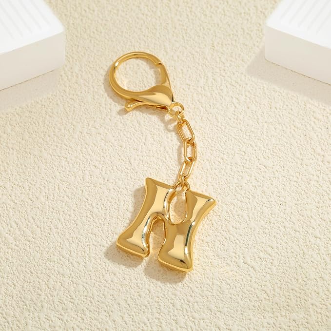 WOWORAMA Initial Letter Keychain for Women Chunky Gold Bubble Letter Bag Charm Purse Charm Personalized Keyrings Accessories