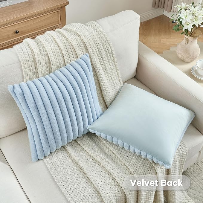 FUTEI Pack of 2 Faux Fur Throw Pillow Covers 26x26 Inch, Light Blue | Fluffy Faux Rabbit Fur Front/Premium Velvet Back,Hidden Zipper,Machine Washable,Non-Shedding,Colorfast,Insert Not Included.