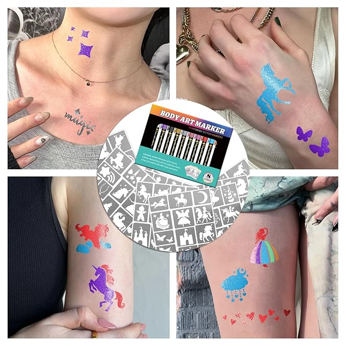 Unicorn Temporary Tattoo Markers for Skin, 8 Metal Body Markers + 169 Large Princess Rainbow Tattoo Stencils for Kids Adults, Cosmetic-Grade Tattoo Ink, DIY Body Art Party Favors for Women Men