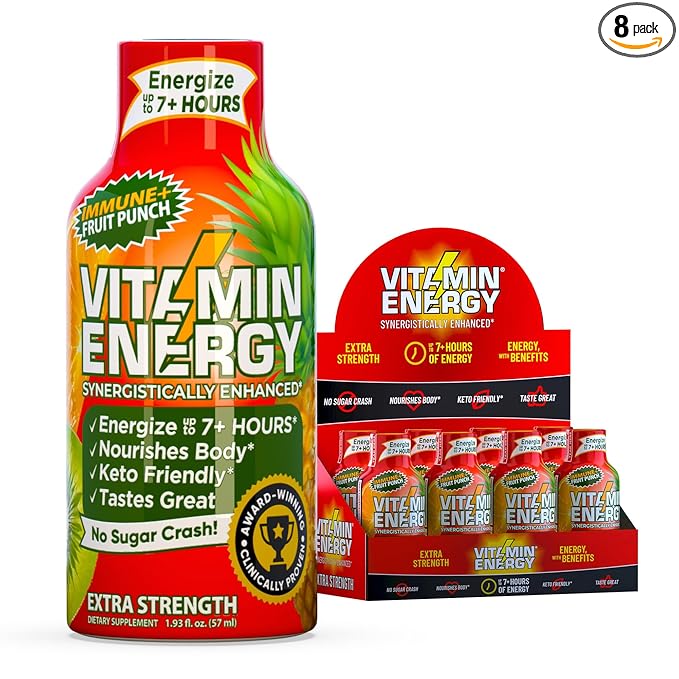 Vitamin Energy Immune+ Extra Strength Energy Shot Fruit Punch 8 Pack, 260mg Natural Caffeine, B-Vitamins, Citicoline, Green Tea, Immunity & Focus Support, Zero Sugar, Gluten-Free 1.93 fl oz
