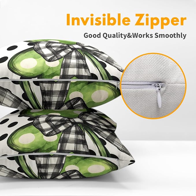 Kawani St Patricks Day Pillow Covers 18x18 Set of 2 Green Lucky Shamrock Leaf Polka Dots Pillowcase Cotton Linen Square Cushion Case for Couch Sofa Bedroom Living Room Outdoor Decor