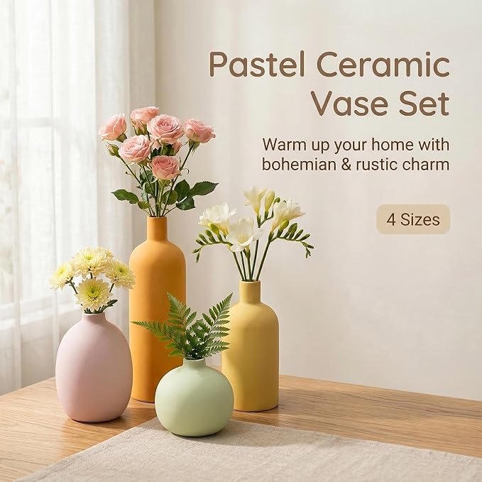 Macaron Ceramic Vase Set of 4, Modern Colors Home Decor, Rustic Farmhouse Decorative Flowers Vases for Bouquet, Pampas | Table Mantel Centerpiece Bookshelf Living Room Bedroom (Rustic Mix Set of 4)
