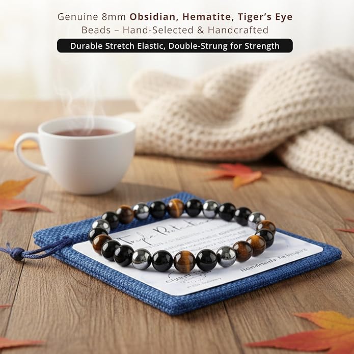 Cherry Tree Collection – Handmade Crystal Bracelets with Black Obsidian, Tiger’s Eye and 6 Other Gemstones for Men & Women – 8mm Beaded Bracelet for Healing, Protection & Positive Energy–Sizes S/M/L