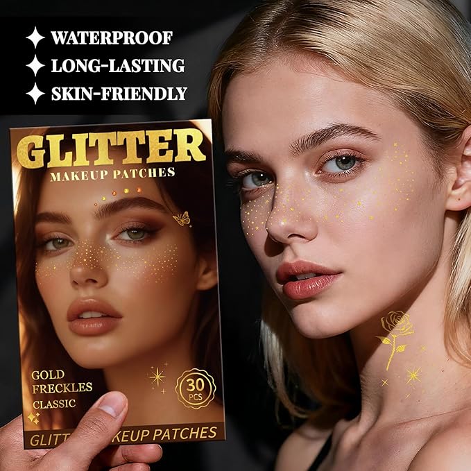 30PCS Glitter Freckles Face Tattoos & Face Gems Set, Classic Gold Glitter Temporary Tattoos Makeup Patches, Fake Freckles Face Glitter for Women’s Rave Outfits & Accessories