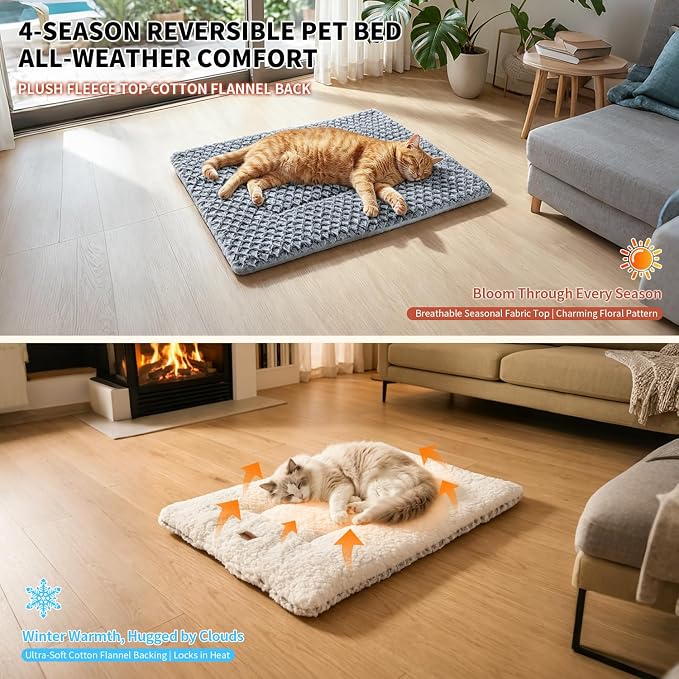 Cat Bed for Indoor Cats, Self Warming Basketweave Chenille Fur Mat | 23.6"x15.7", Faux Rabbit Fur in Basketweave, Silent Crinkle-Free, Double-Sided Cozy, Non-Slip Bottom, Machine Washable
