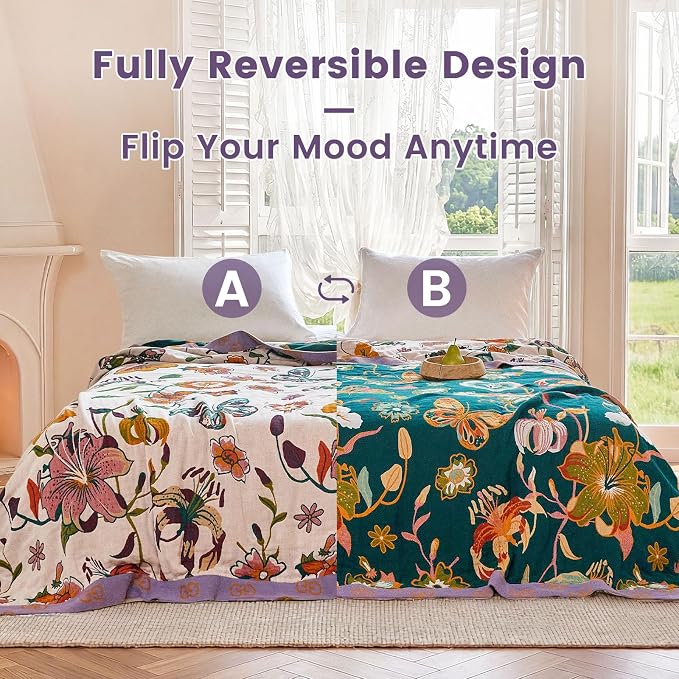 MSGKV Boho Throw Blanket 90"x90" Summer Cotton Floral Queen Size Blanket | Floral Pattern, Queen Size Blanket, Muslin Throw, Reversible Woven, Farmhouse Style, Lightweight Comfort, Machine Washable