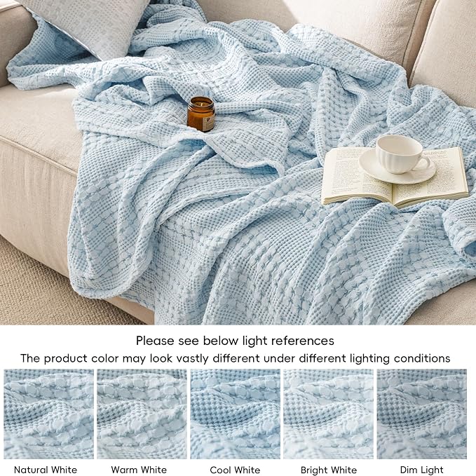 PHF 100% Cotton Waffle Weave Blanket King Size, Lightweight Breathable Summer Blanket for Hot Sleepers, Pre-Washed Soft Layer for Bed, Couch, Home Decor Gift, 108"x90", Sky Blue