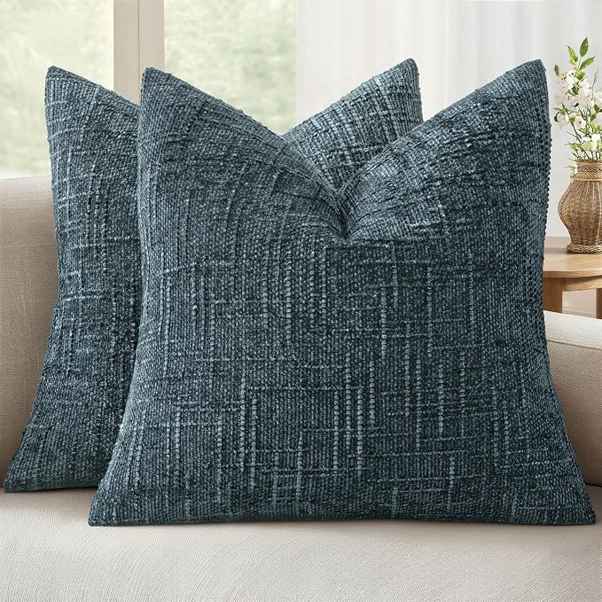 MIULEE Chenille Textured Throw Pillow Covers Blue 18x18 Set of 2 | Slubby Decorative Pillows, Boho Farmhouse Coastal Decor, Modern Neutral Cushion Covers for Couch Sofa Bed Living Room