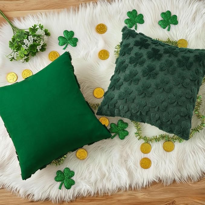 decorUhome Faux Fur Throw Shamrock Green Pillow Covers 20X20 Set of 2 | Plush Soft Wool St. Patrick’s Day Throw Pillow Covers, Accent Modern Farmhouse Pillow Covers Holiday Decor for Sofa Bed