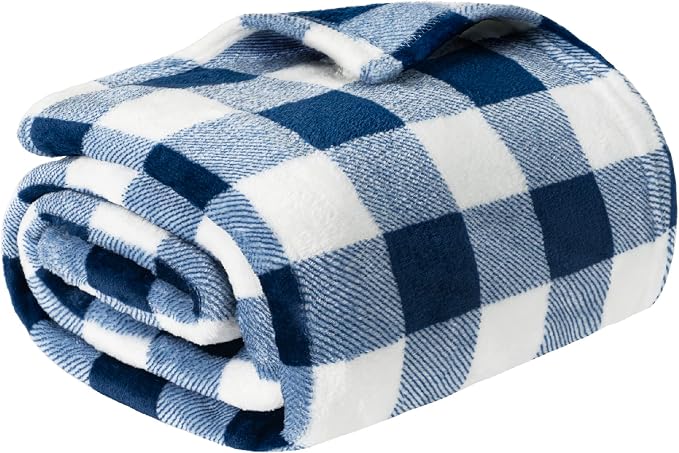 PAVILIA Buffalo Check Fleece Throw Blanket | Blue White Checkered Plaid Flannel Blanket | Soft Velvet Lightweight Microfiber Blanket for Couch Sofa | 50x60 Inches Checker Navy