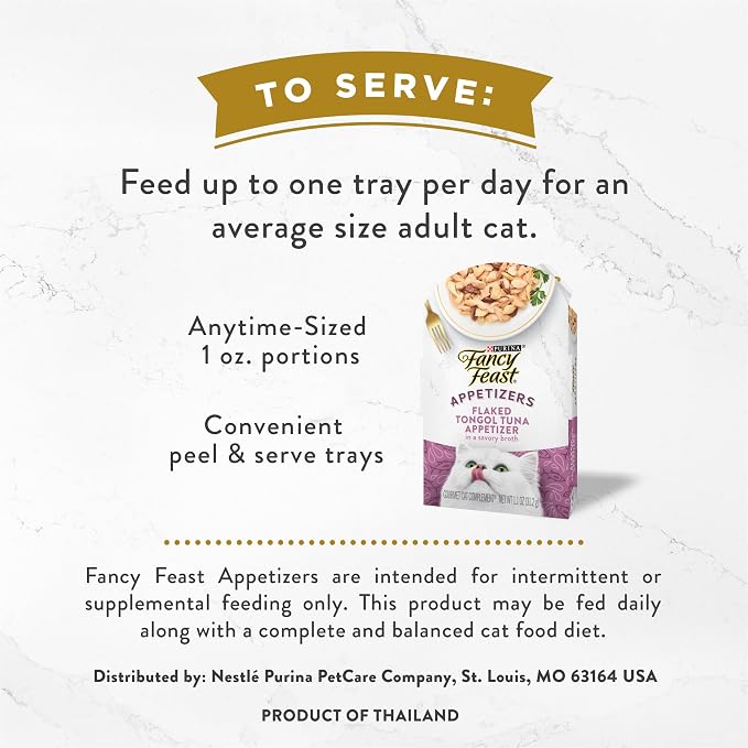 Fancy Feast Purina Appetizers Grain Free Cat Food Flaked Tongol Tuna Appetizer Lickable Cat Food Topper - 1.1 oz. Trays,(Pack of 20)