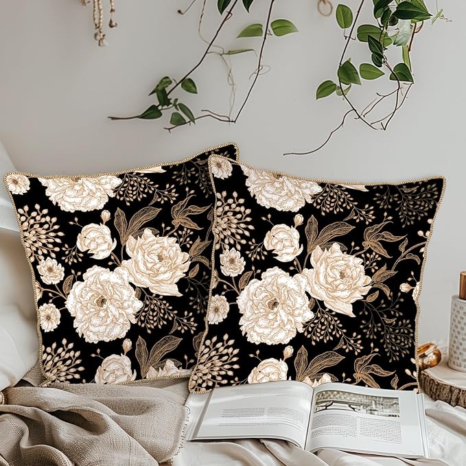 KSLIDS Vintage Peony Roses Floral Soft Velvet Throw Pillow Covers Set of 2 White Roses Flower Bloom Leaves Decorative Pillow Covers 20x20 Inch Black Gold Cream Pillow Case for Sofa Couch Home Decor