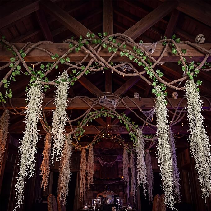 Halloween Hanging Decorations, Faux Spanish Moss Hanging Vines Forest Moss Vines Decor, Greenery Garland for Spooky Halloween Party Wall Ceiling Doorway Indoor Outdoor Enchanted Decorations