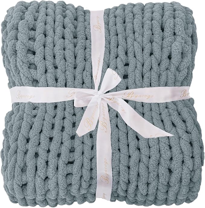 Bigacogo Chunky Knit Throw Blanket for Couch, 40x80 inches, Dusty Blue | Hand Knit with Jumbo Chenille, Soft Breathable Cable Knit for Sofa Bed Living Room, Machine Washable, Gift for Mom Friend
