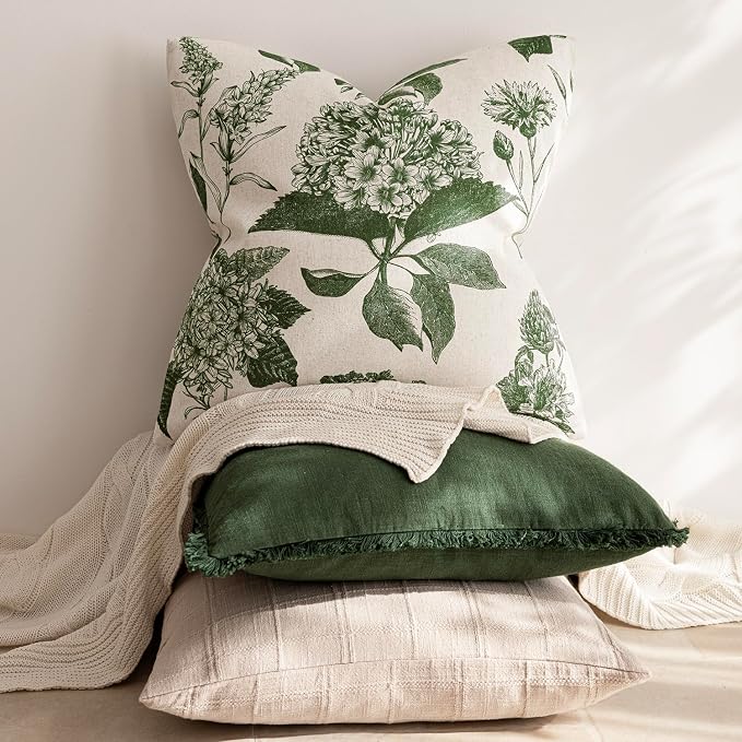 Foindtower Set of 2 Linen Floral Throw Pillow Covers Neutral Vintage Print Decorative Cozy Cushion Covers Farmhouse Boho Home Decor for Sofa Chair Couch Bedroom Living Room,18×18 Inch,Dark Green