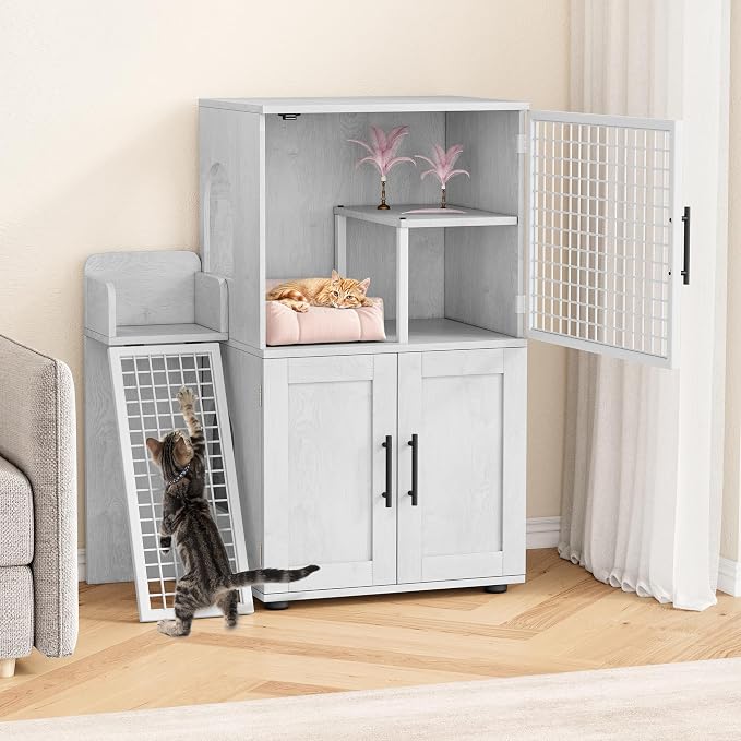 IDEALHOUSE Cat Litter Box Enclosure with Double Layer, White | Double Layer Cat Litter Box Furniture with Ladder, Creates a Private Cat Space While Keeping Living Rooms Clean and Organized