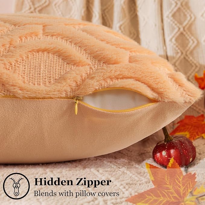 decorUhome Faux Fur Plush Light Orange Throw Pillow Covers 16x16 Set of 2 | Plush Solid Fall Couch Pillow Covers, Accent Modern Farmhouse Neutral Decorative Square Pillow Cases for Sofa Bed Living Room