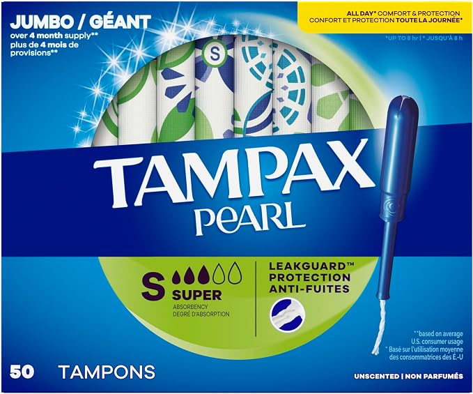 Tampax Pearl Tampons for Women, with LeakGuard Braid, Super Absorbency, Unscented, 50 Count (Pack of 3)