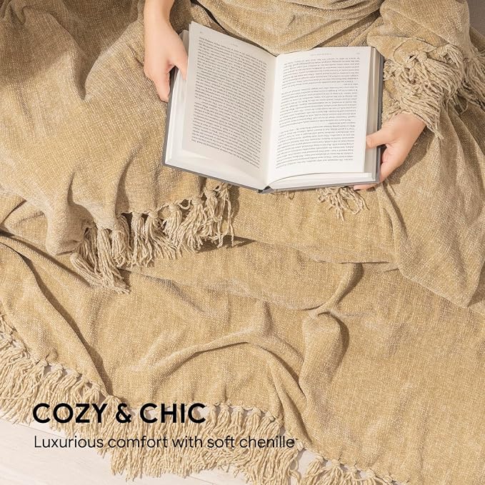 RECYCO Chenille Throw Blanket for Couch, 60"x80", Beige | Super Soft Knit Throw Blanket with Fringe Tassels, Lightweight Knitted Throw, Cozy, Ideal for Sofa Chair Bed Living Room Gift