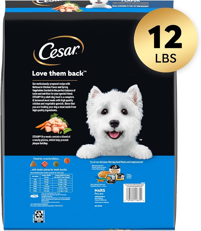 Cesar Small Breed Dry Dog Food, Chicken & Spring Vegetables Flavor, 12 lb | Made in USA, Real chicken #1 ingredient, 26 essential nutrients, supports small breed health, no artificial flavors